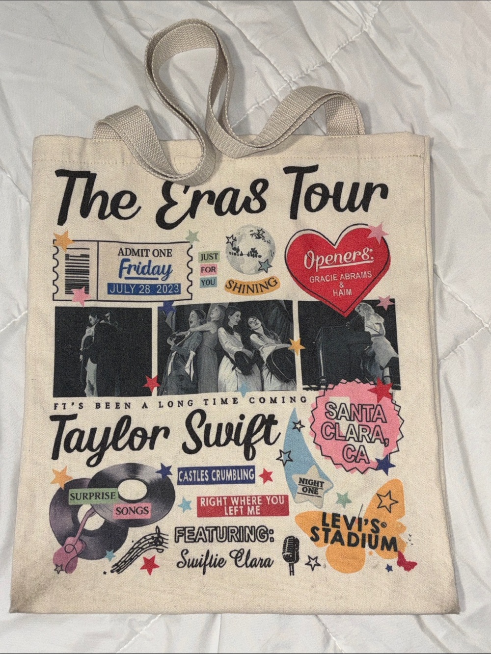 Taylor Swift Cream Tote with Multicolor Eras Tour Graphics